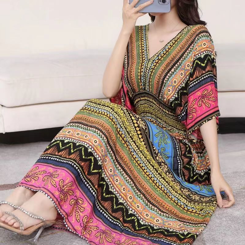 Casual Elegant V-neck Tunic Large Printed Dress Long Skirt