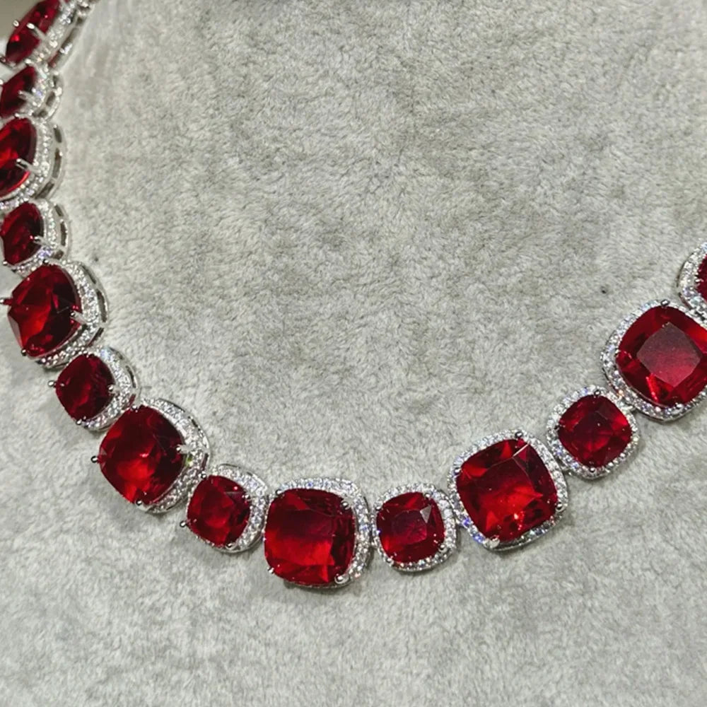 Stonefans Red Square Crystal Necklace Earrings Set Party Free Shipping 2024 Trend Large Bridal Jewelry Set for Women Decoration