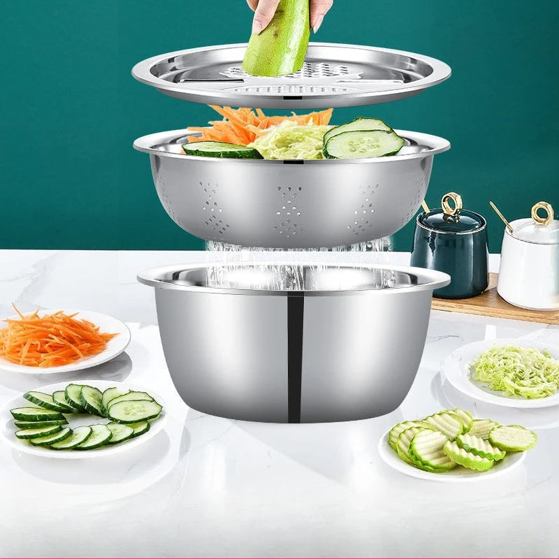 Vegetable Potato Stainless Steel Slicer, Washing Basin, Drain Basket, Multifunctional 3PCS/1 Set