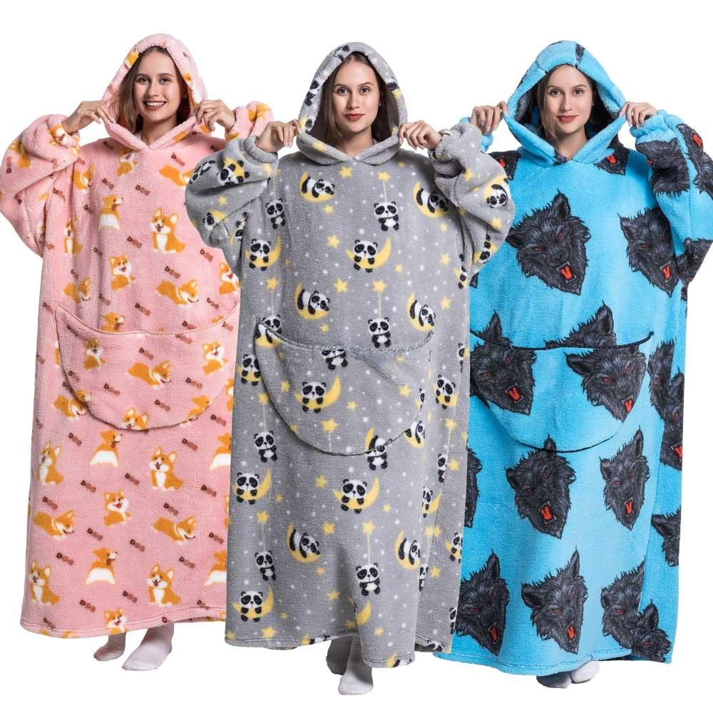 Super Long Oversized Winter Sherpa Blanket Plush Flannel Warm Family Matching Hoodie Halloween Homewear Avocado Women Sweatshirt