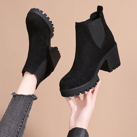 Women's Frosted Leather Boots Fashion Thick Heel Plush Sole Mid-Calf Modern Boots