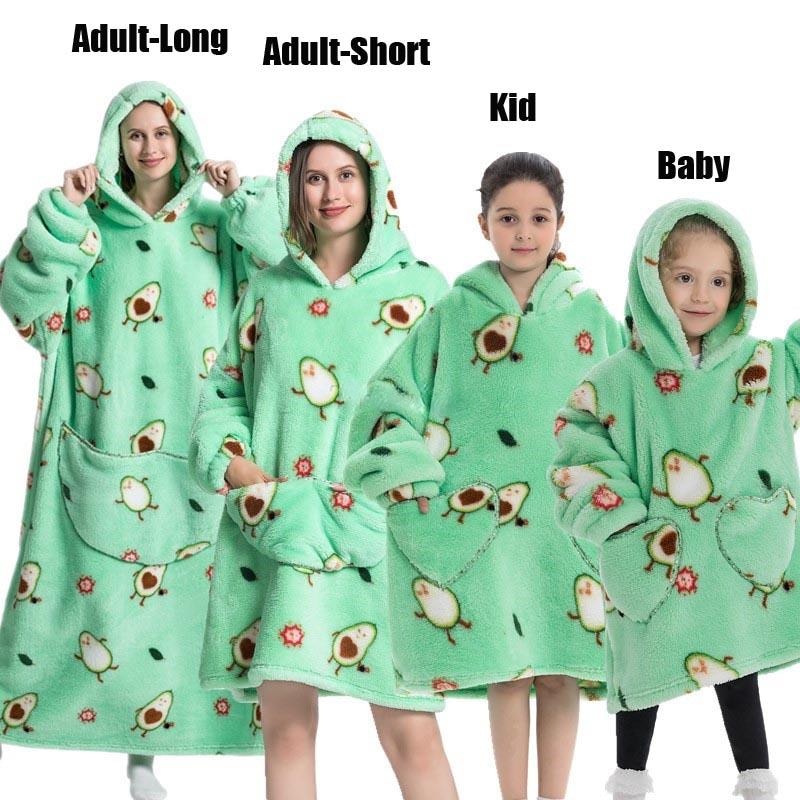 Super Long Oversized Winter Sherpa Blanket Plush Flannel Warm Family Matching Hoodie Halloween Homewear Avocado Women Sweatshirt