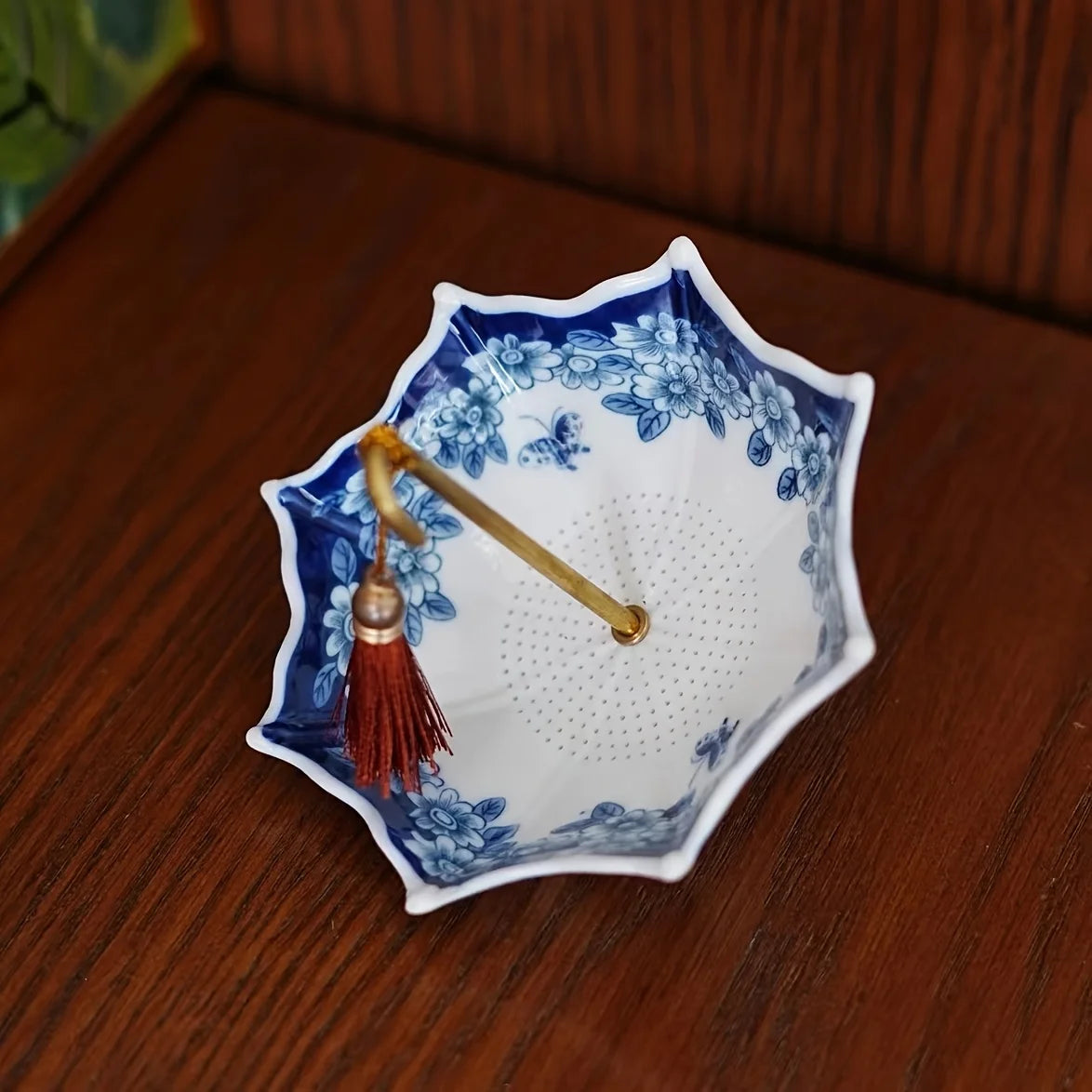 Ceramic Tea Strainer 1pc- Blue & White Umbrella Design with Tassel, Compact for Office/Home Decor, for Kung Fu Tea Sets