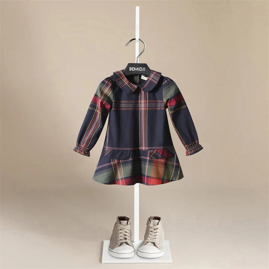 2023 Long Sleeve Girl Dress Plaid Princess Party Kids Clothing Children's Wear 100% Cotton Autumn Fashion Girls Autumn Clothes