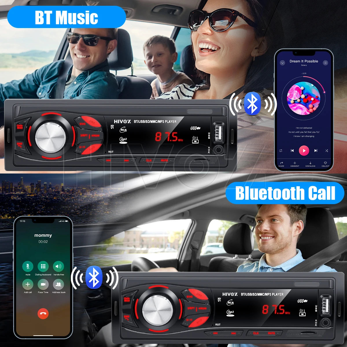 HIVOZ Car Radio Audio 1 Din Bluetooth Stereo Hands-Free Calling MP3 Player FM Receiver With AUX/USB/TF Card In Dash Kit