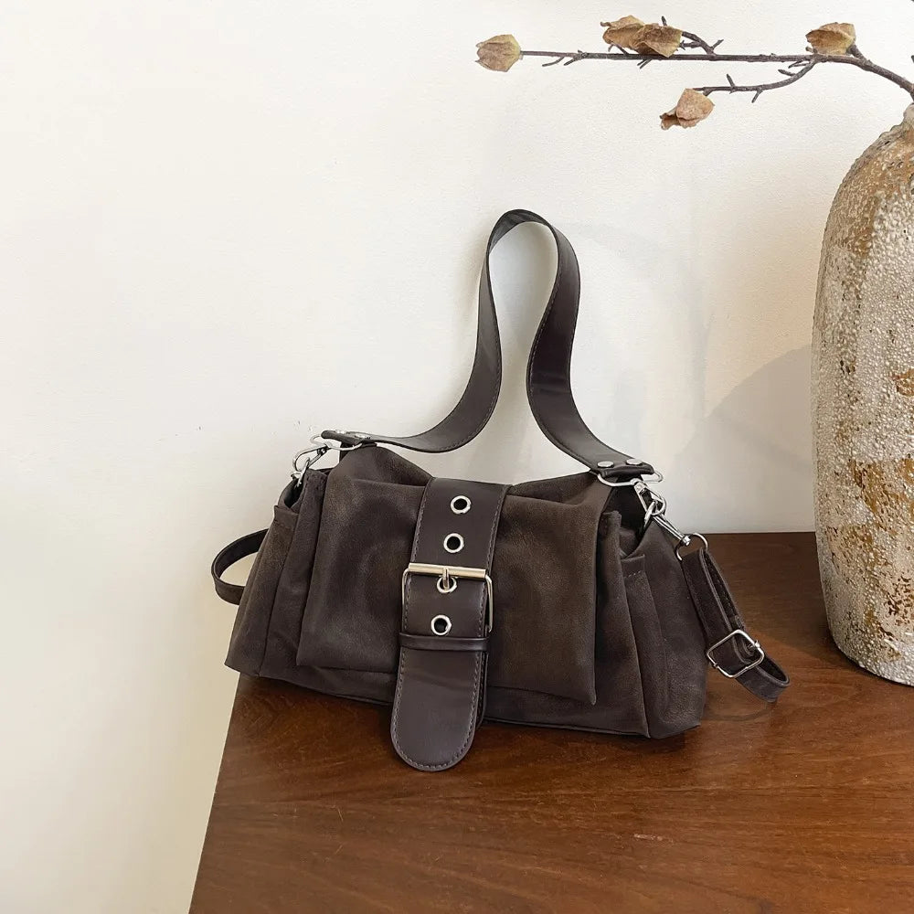 Vintage Large Capacity Shoulder Bag with Wide Leather Strap Faux Suede Y2K Women's Handbag Unisex Casual Tote for All Seasons
