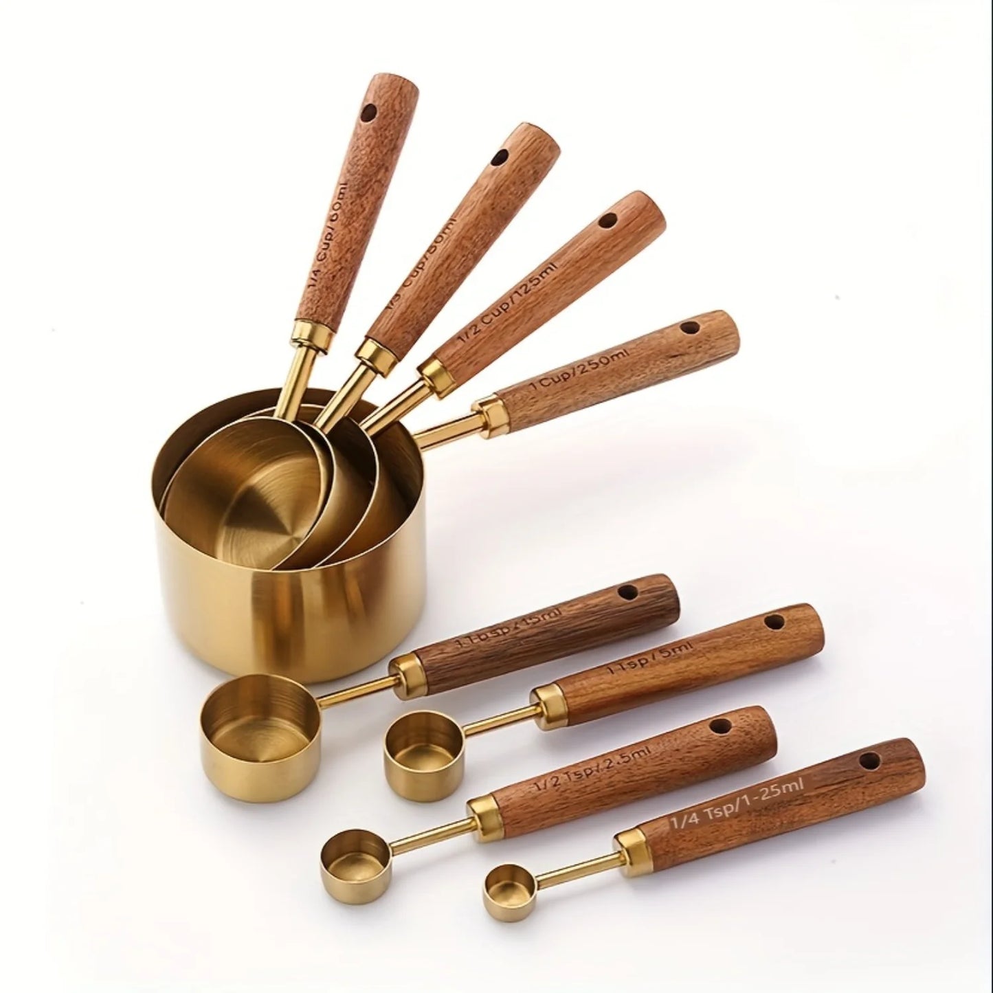 Gold Stainless Steel Measuring Cups & Spoons Set - 8 Piece Bundle for Baking & Cocktails Measurements Scale kitchen