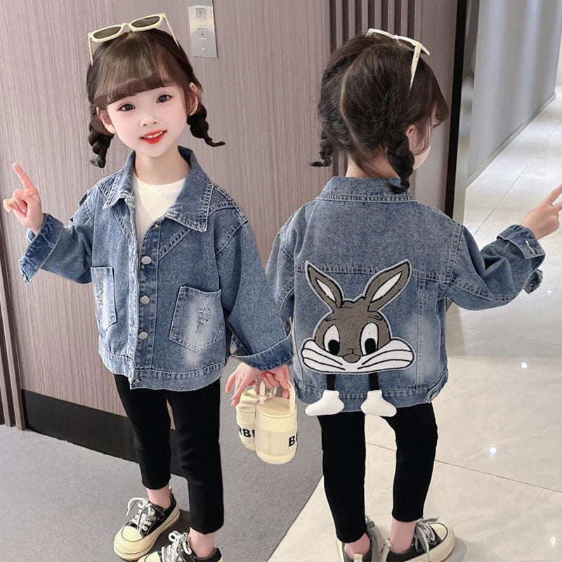 2-7 Years Girl Denim Jackets Kids Embroidery Cartoon Rabbit Coat Autumn Children Outerwear Casual Girls Clothes