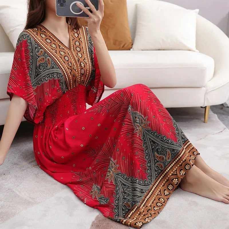 Casual Elegant V-neck Tunic Large Printed Dress Long Skirt