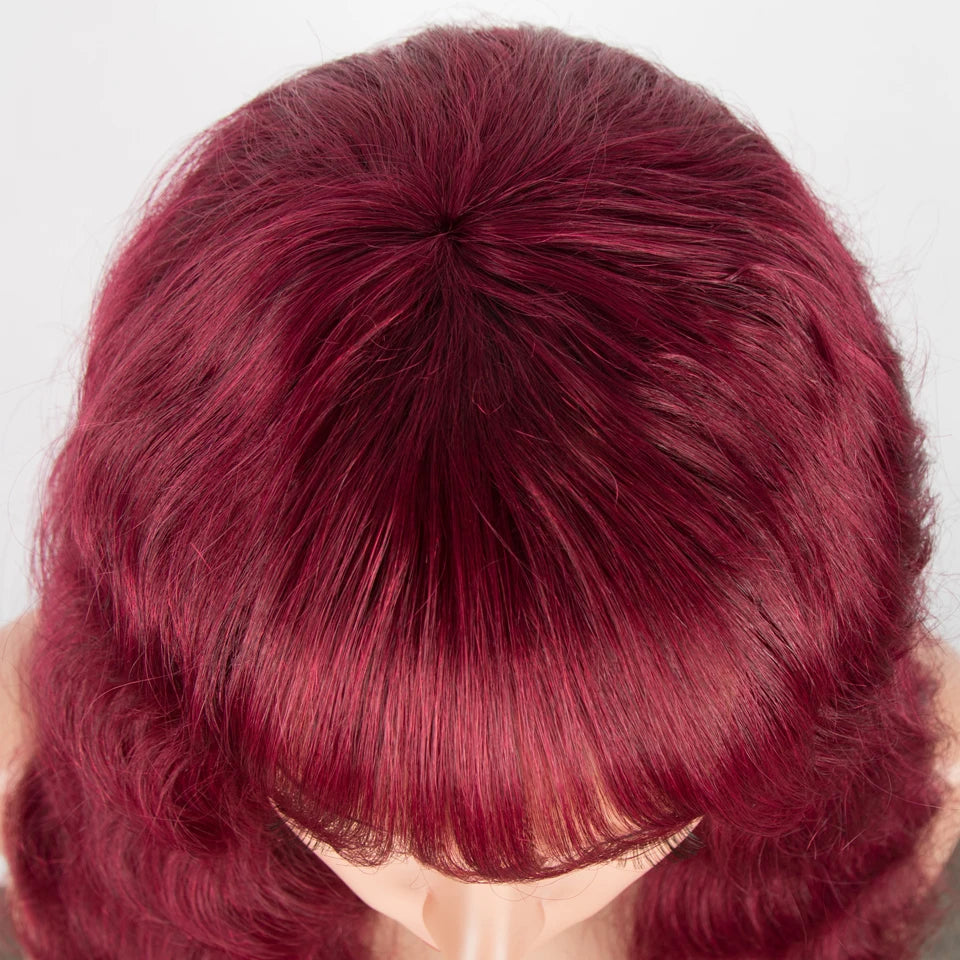 Lekker Burg Red Long Deep Wavy 100% Human Hair Wigs With Bangs For Women Brazilian Body Wave Wigs