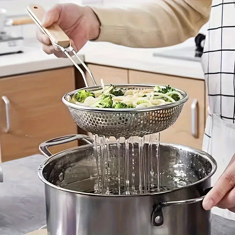 Stainless Steel Colander with Wooden Handle - Food Prep Skimmer Spoon for Cooking  Grease Filtering