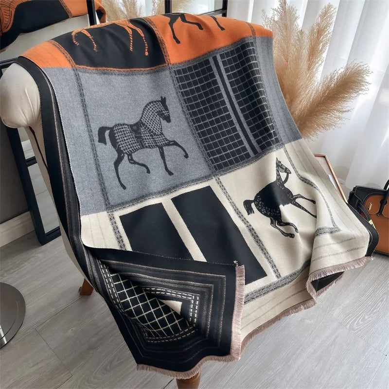 Women's Soft Cashmere Pashmina Scarf Warm Plaid Horse Print Shawl Thick Winter Wrap Tassel Stole Hijab for Outdoor Fashion
