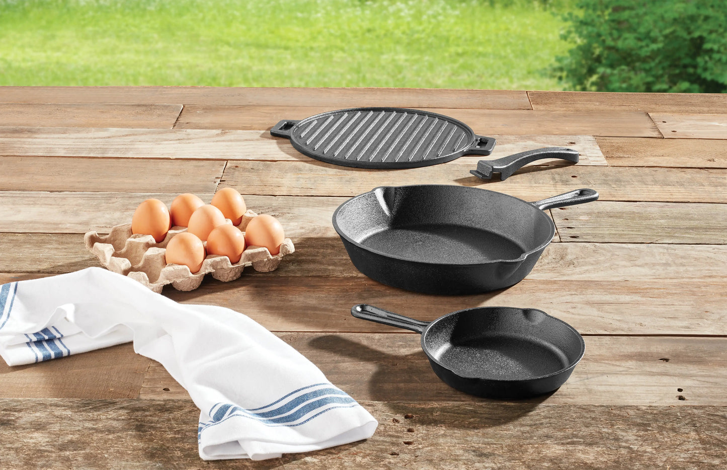 Cast Iron Skillet Set with Handles and Griddle, Pre-seasoned, 6", 10.5", 11"