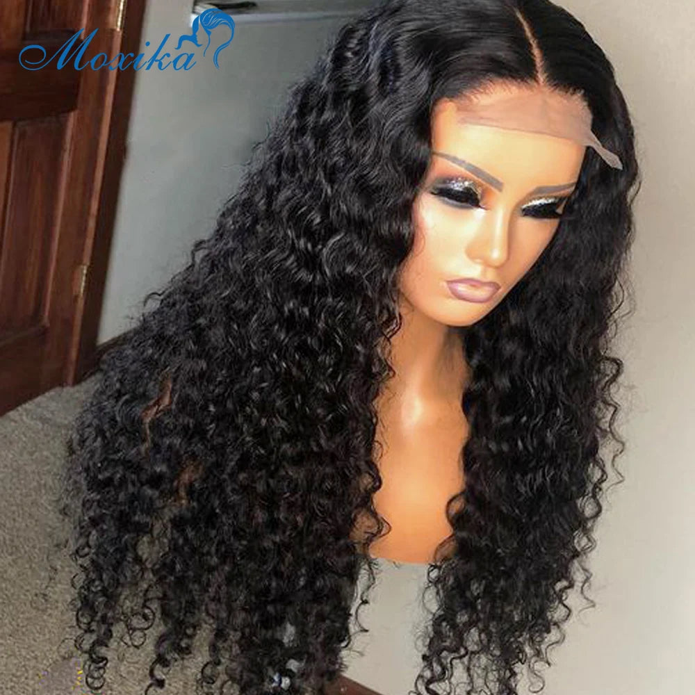 Human Hair Deep Wave Lace Frontal Wig Glueless PrePlucked Bleached Knots Frontal Wig