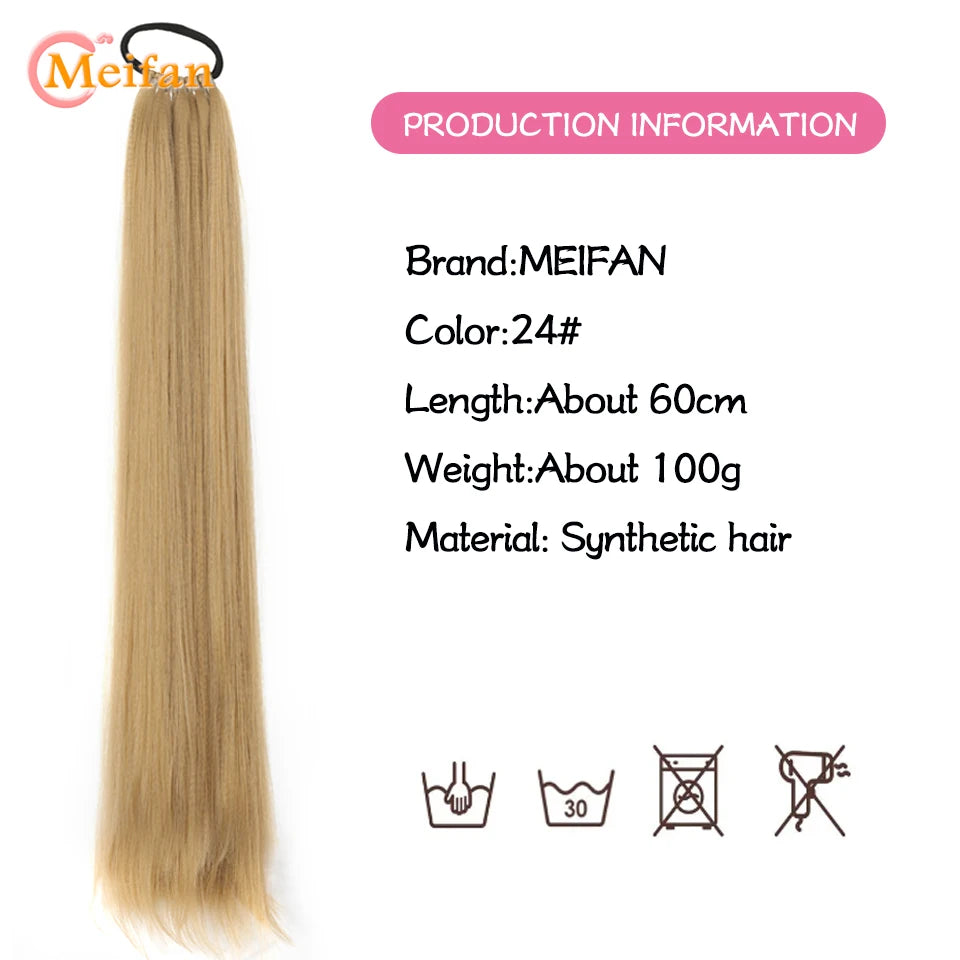 24 Inch Synthetic Ponytail Extensions Black Natural Braided Hairpiece Long Straight Rubber Band Hair For Women