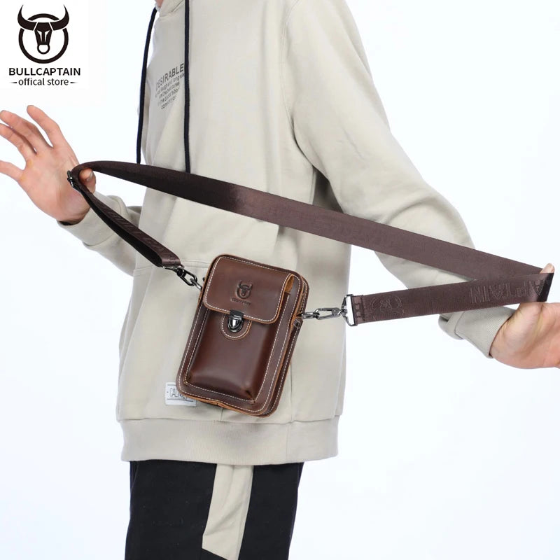 BULLCAPTAIN Men's Crazy Horse Leather Waist Pack Casual Small Chest Shoulder Belt Bag Phone Pouch Genuine Cowhide YB075