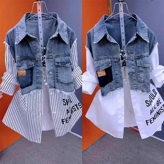 Women Denim Jacket Fake Two Denim Shirts Casual Fashion Joker Stitching Striped Tops Coat