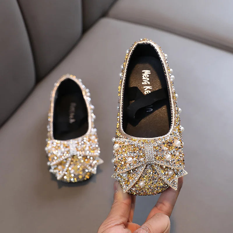 Children's Flats Kid's Single Shoes Fashion Girls Pink Rhinestone Bow Silver Shoes