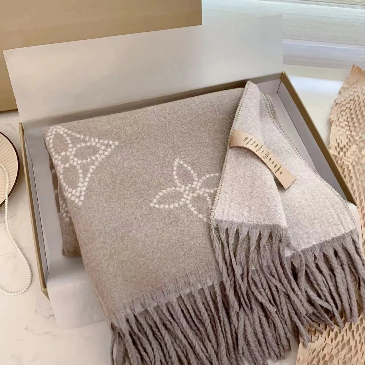 Women's Double Sided Silk Scarf Winter Warm Neck Wrap Imitation Wool Floral Design