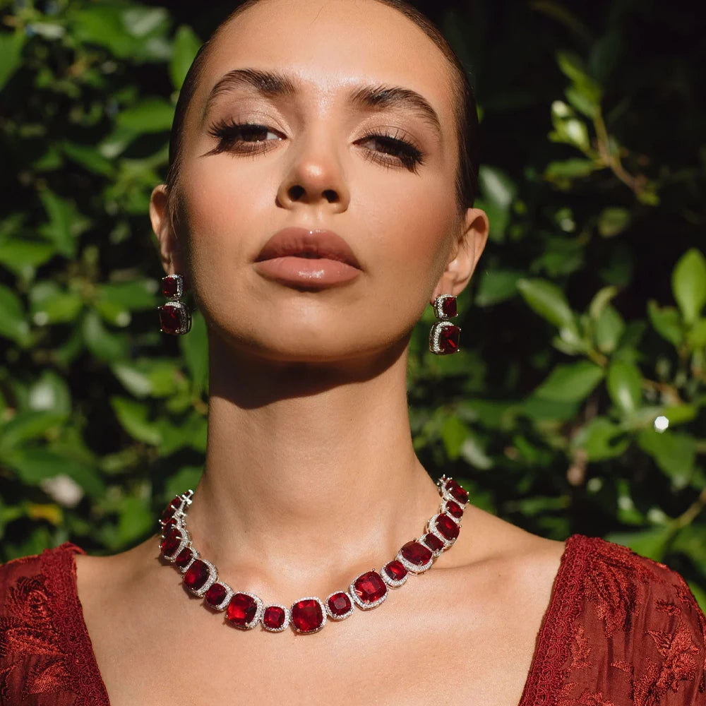 Stonefans Red Square Crystal Necklace Earrings Set Party Free Shipping 2024 Trend Large Bridal Jewelry Set for Women Decoration