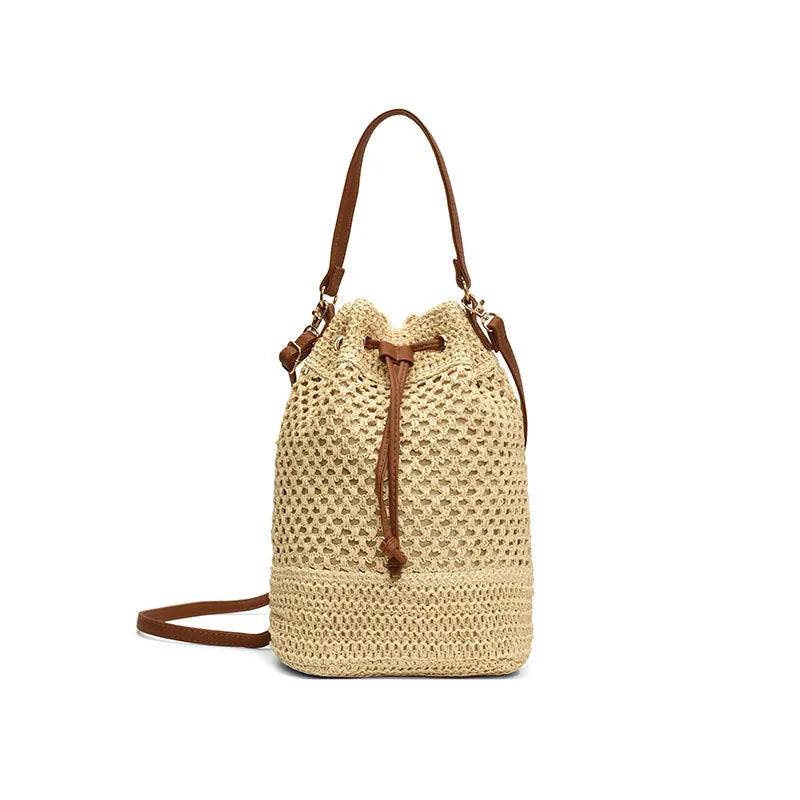 Women's 2024 Fashion Straw Bucket Bag Summer Shoulder Crossbody Beach Bag Stylish Niche Hundred Design