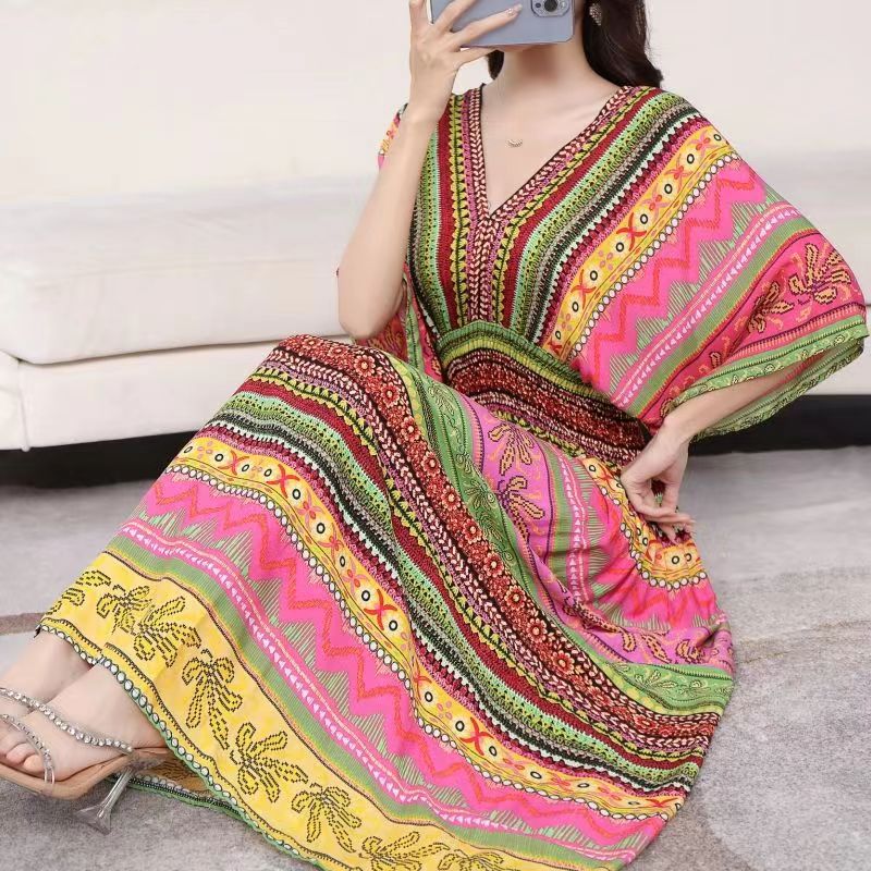 Casual Elegant V-neck Tunic Large Printed Dress Long Skirt