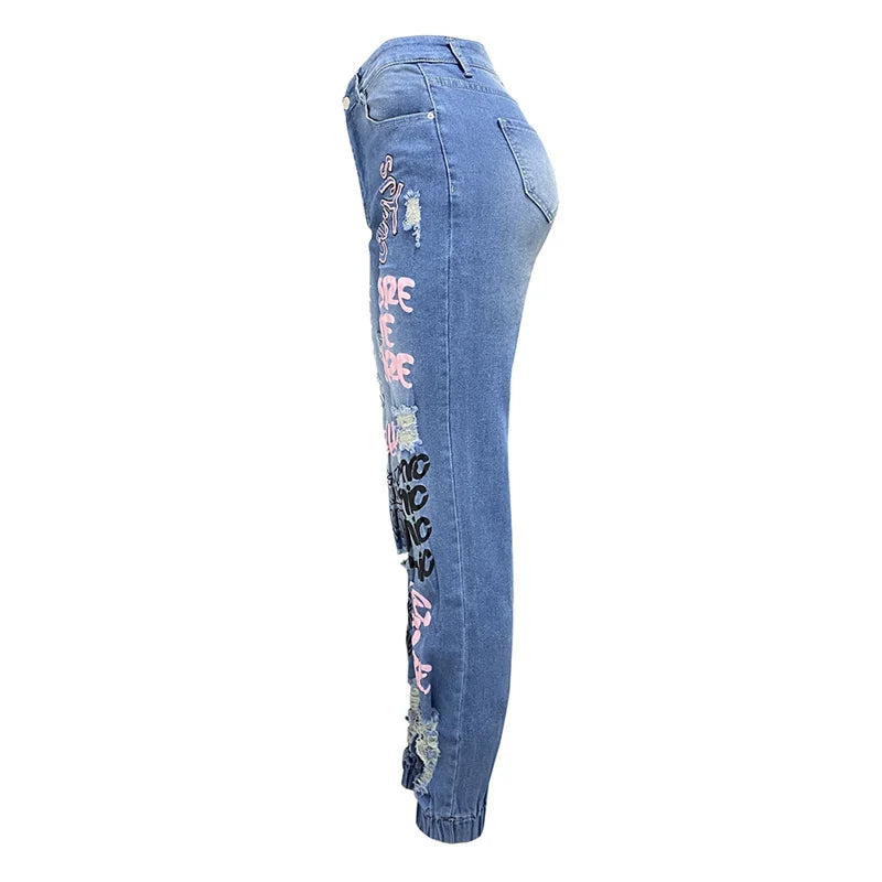 Fashion Alphabet Print Stretch Leg Pencil Jeans Women Trend Broken Holes Denim Pants