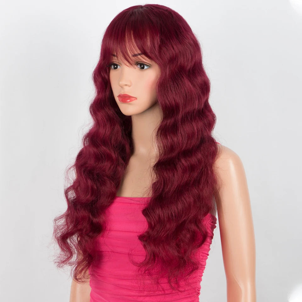 Lekker Burg Red Long Deep Wavy 100% Human Hair Wigs With Bangs For Women Brazilian Body Wave Wigs