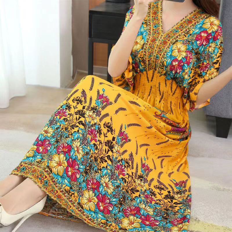 Casual Elegant V-neck Tunic Large Printed Dress Long Skirt