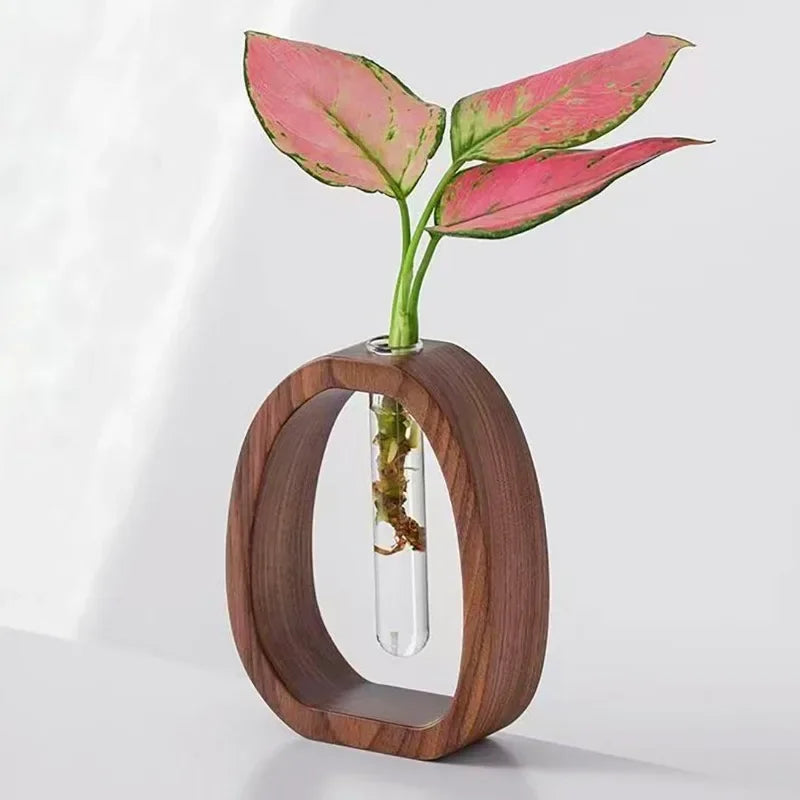 Walnut solid wood flower decoration glass plant flower stand mini water-cultured vase