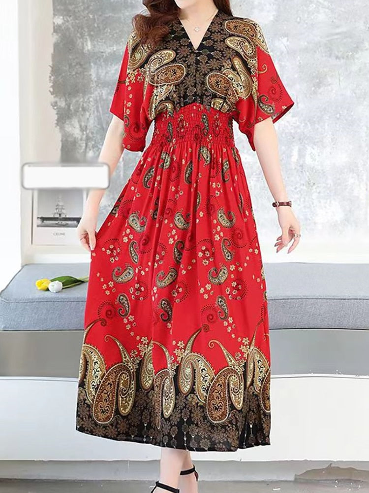 Casual Elegant V-neck Tunic Large Printed Dress Long Skirt