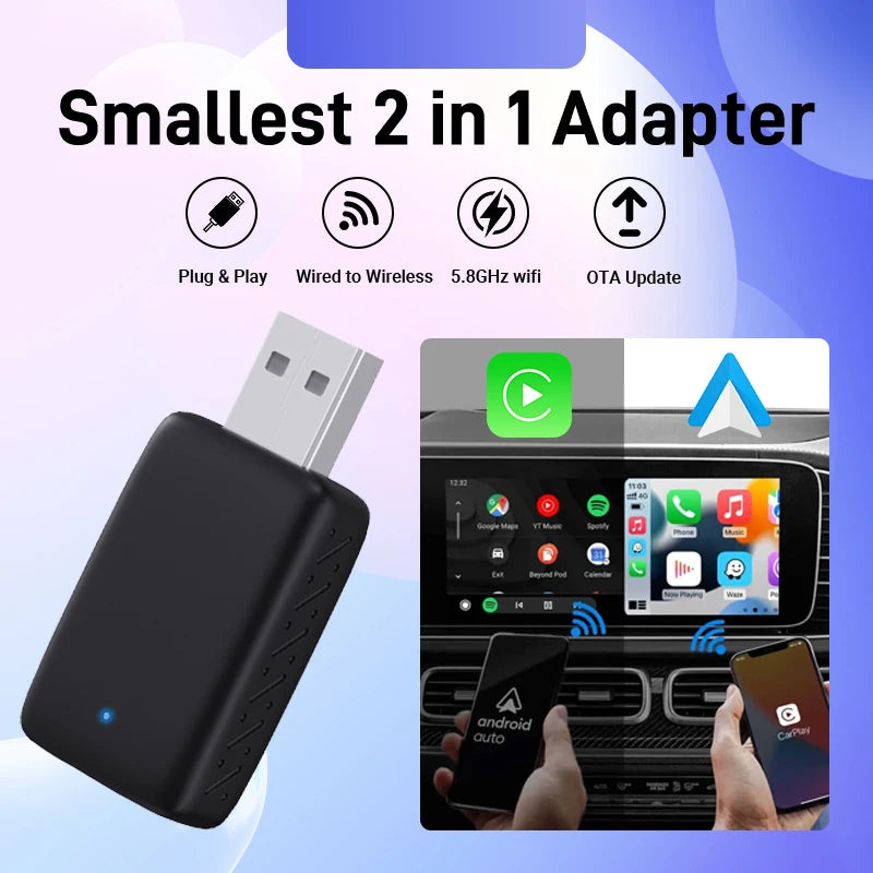 Carplay Android Auto Wireless Adapter for Toyota Mazda Nissan Camry Suzuki Subaru Citroen Audi Mercedes Kia Ford Opel Spotify BT