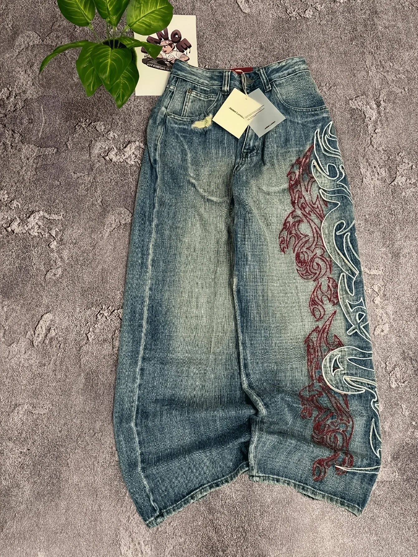 Men's Loose Fit Wide Leg Jeans Embroidery Vintage Washed Denim Streetwear Pant