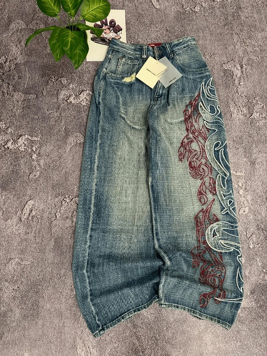 Men's Loose Fit Wide Leg Jeans Embroidery Vintage Washed Denim Streetwear Pant