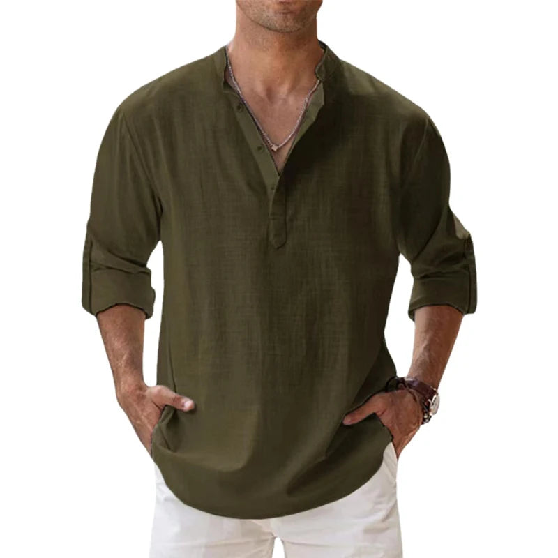 Men's Cotton Linen Casual Shirts Lightweight Long Sleeve Henley Beach Hawaiian T Shirts