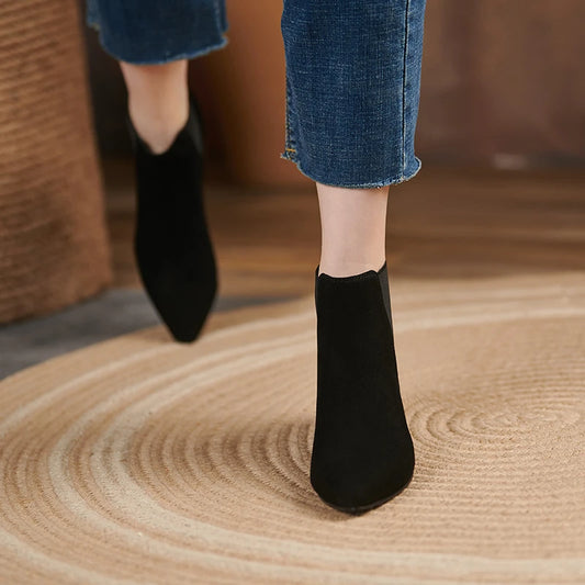 Winter Women's Mid-Calf Boots with Thick Heel Fashionable Elegant Nude Booties