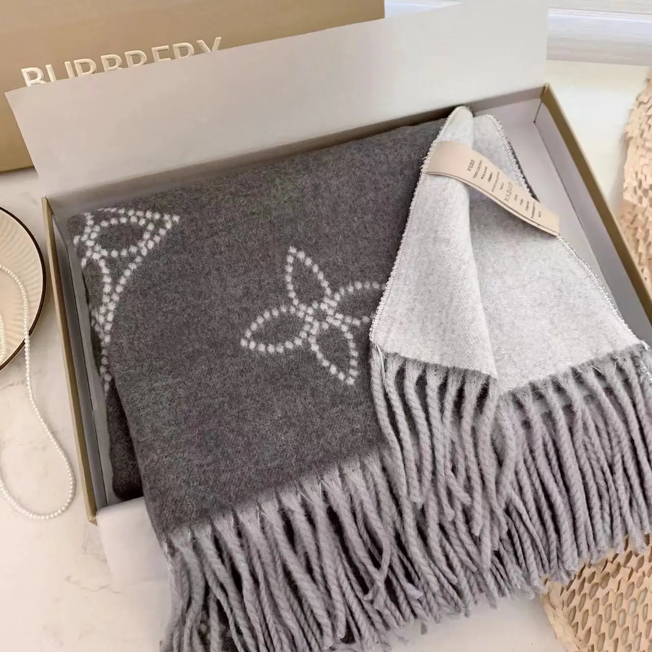 Women's Double Sided Silk Scarf Winter Warm Neck Wrap Imitation Wool Floral Design