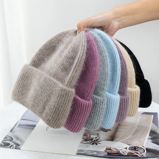 Fashion Warm Cashmere Wool Skullies Winter Knitted Beanies Women Three Fold Ski Outdoor Hats