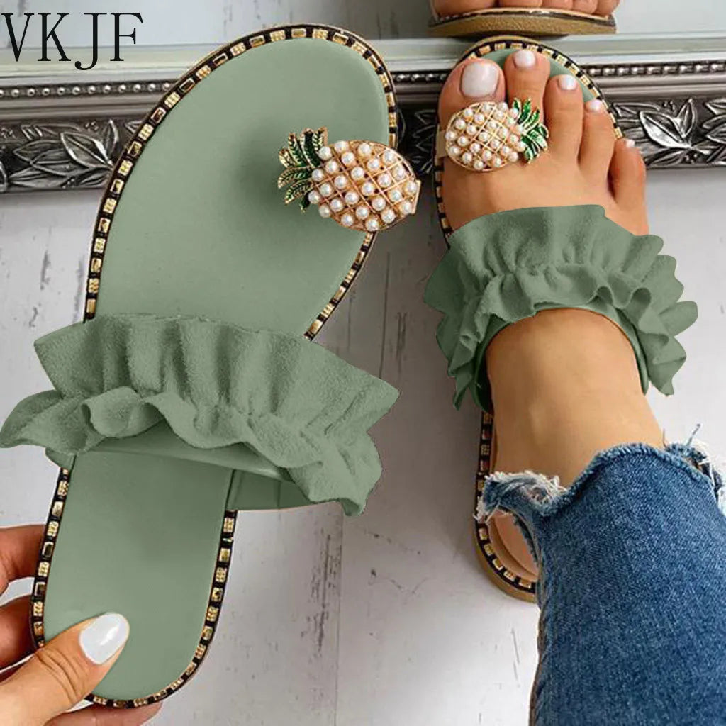 Women Slipper Pineapple Pearl Flat Toe Bohemian Summer Beach Sandals