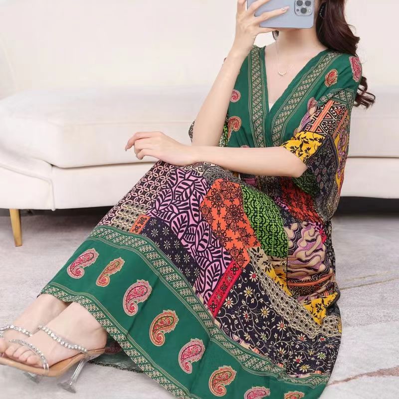 Casual Elegant V-neck Tunic Large Printed Dress Long Skirt