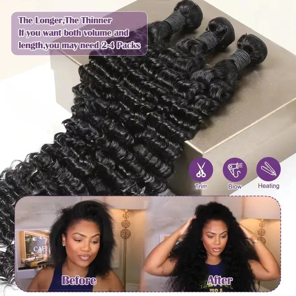 32 34 Inch Deep Wave Human Hair Unprocessed Water Wave Curly Hair Extensions Bundles