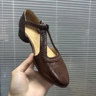 Women T-Strap Flat Sandals Adjustable Ankle Buckle Woven Casual Formal Occasions