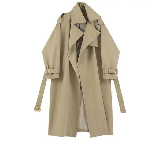 Women Long Trench Coat Classic Lapel Belted Sleeve Casual Street Fashion Outerwear