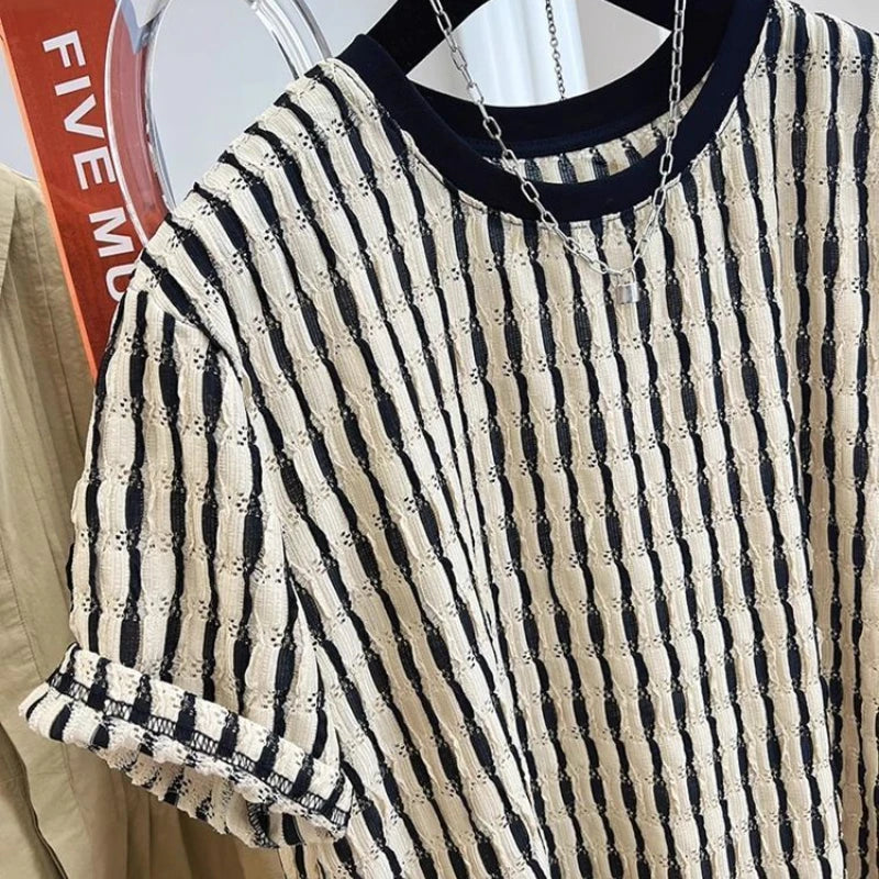 Men's Summer Hollow Stripes Short Sleeved O-Neck Hip-hop T-shirt Streetwear Outdoor for Clothing