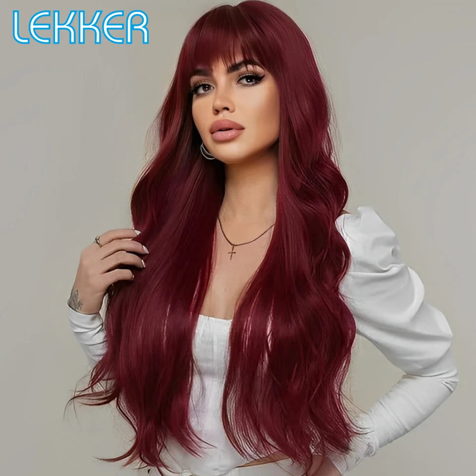 Lekker Burg Red Long Deep Wavy 100% Human Hair Wigs With Bangs For Women Brazilian Body Wave Wigs