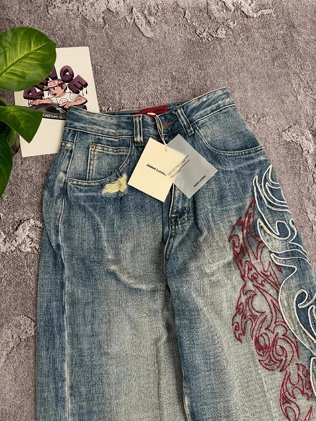 Men's Loose Fit Wide Leg Jeans Embroidery Vintage Washed Denim Streetwear Pant