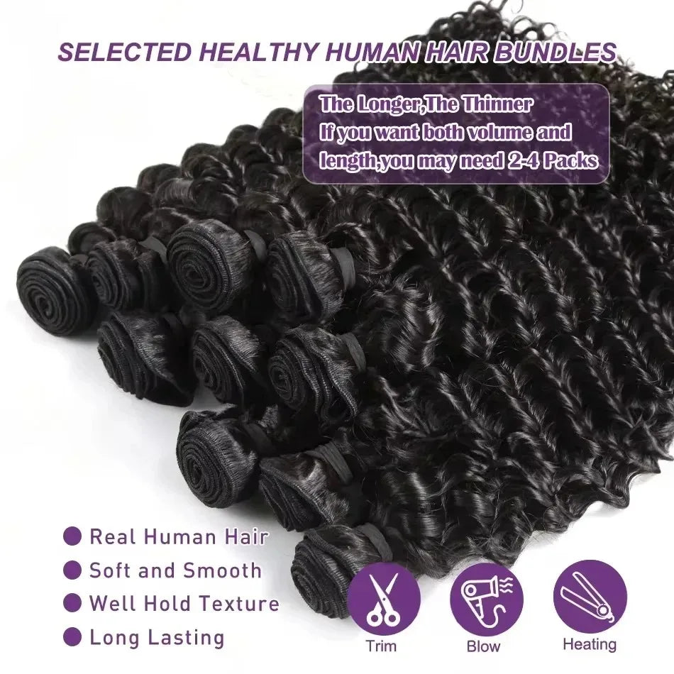 32 34 Inch Deep Wave Human Hair Unprocessed Water Wave Curly Hair Extensions Bundles