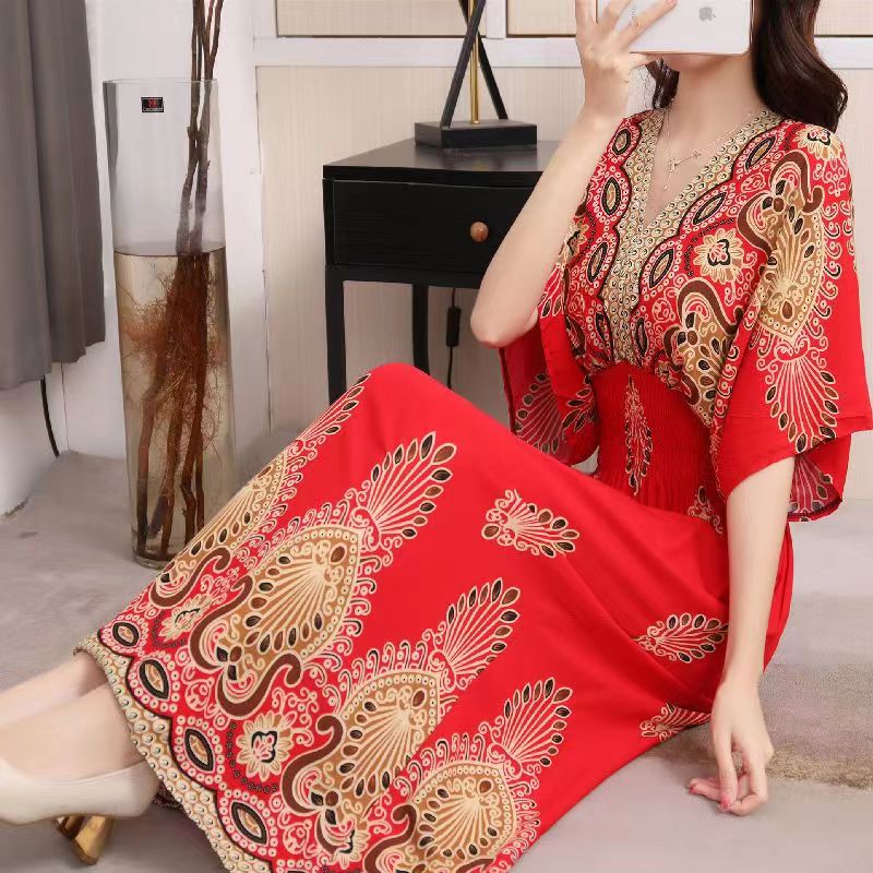 Casual Elegant V-neck Tunic Large Printed Dress Long Skirt