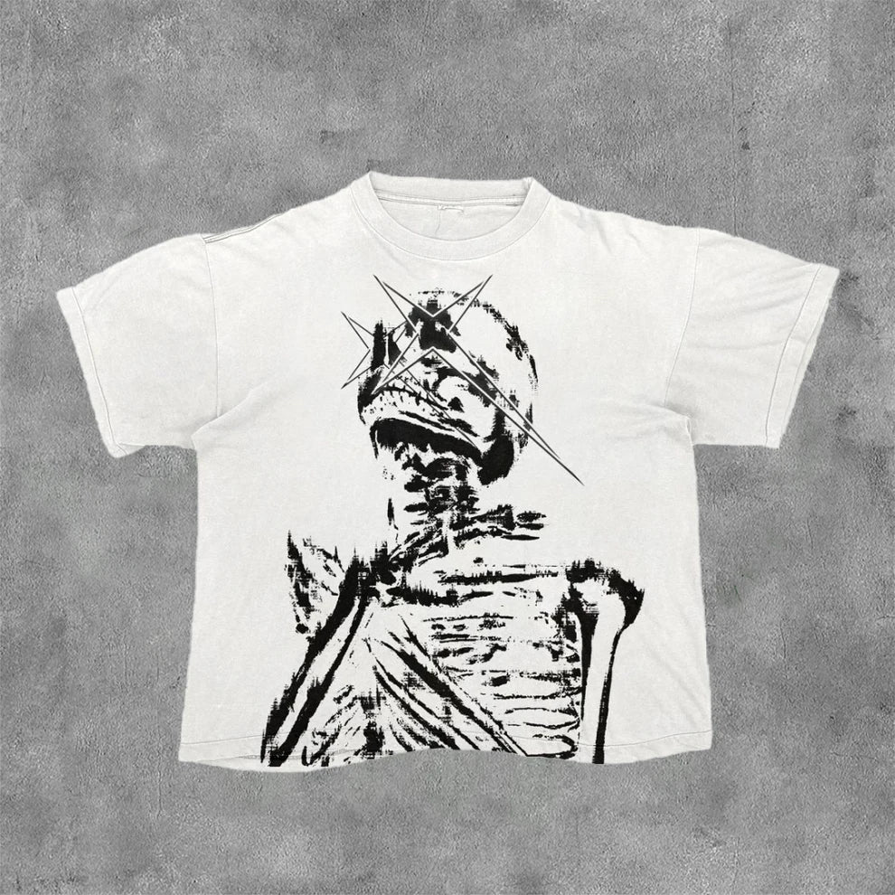 Vintage Dark  Skeletal Graphic Cotton Print Summer T-shirt Men Oversize Casual Women Tee Tops