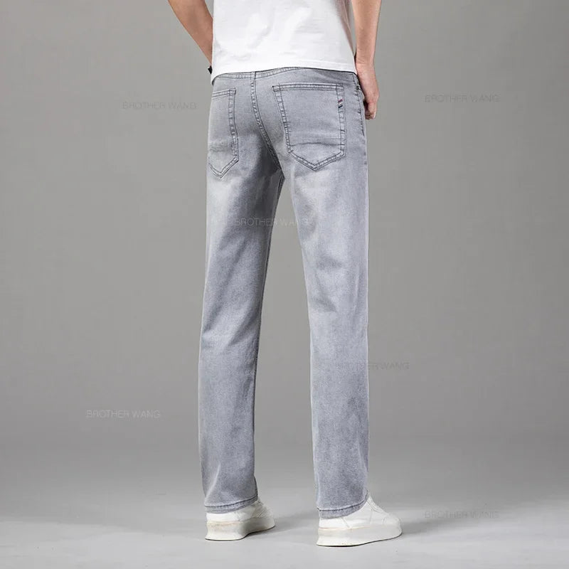 Summer Thin Elastic Cotton Men's Jeans Fashion Gray Comfortable Business Straight Casual Pants